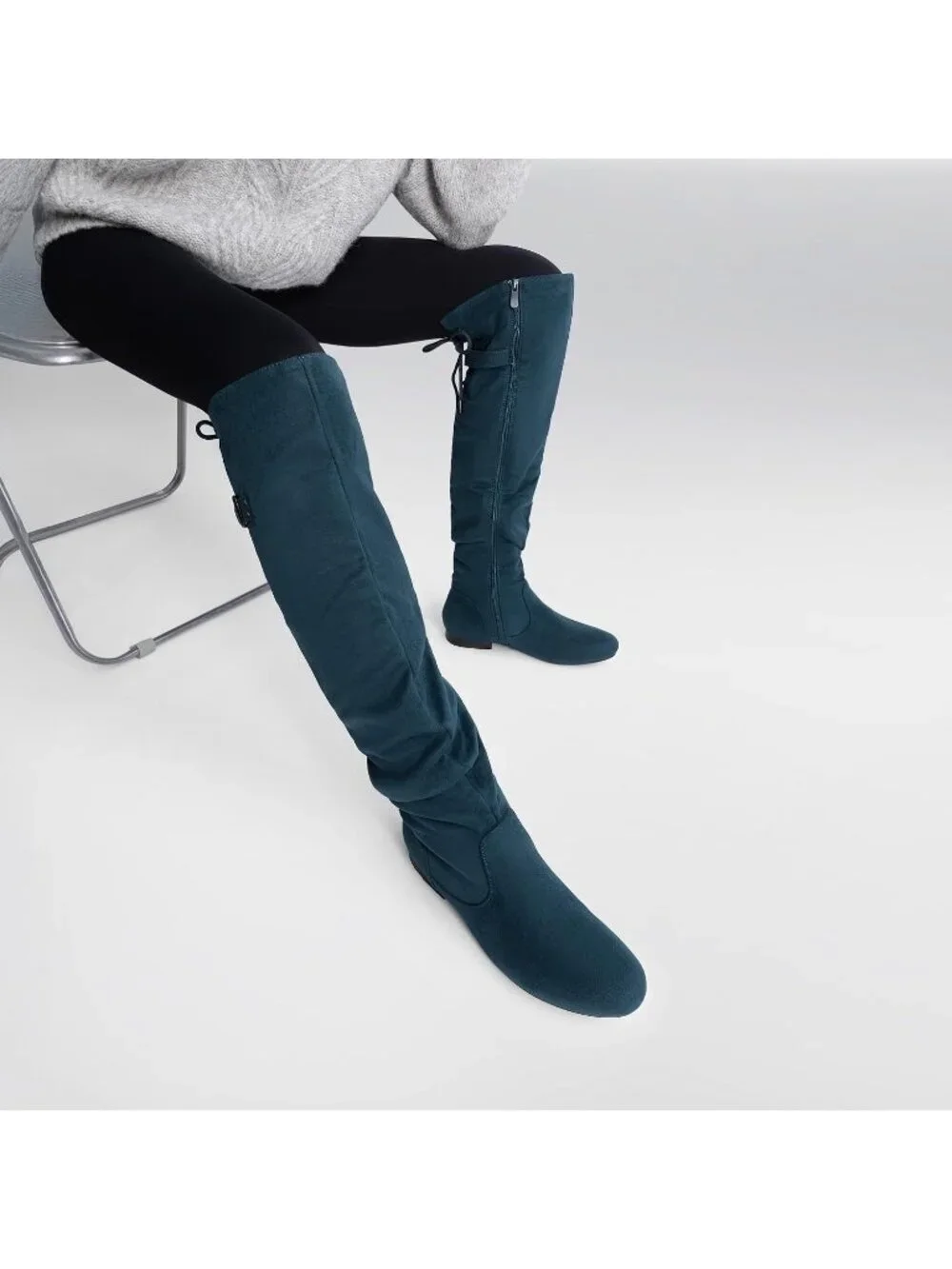 Women's Blue Flat Heel Pointed Toe Slouch Over The Knee Thigh High Boots